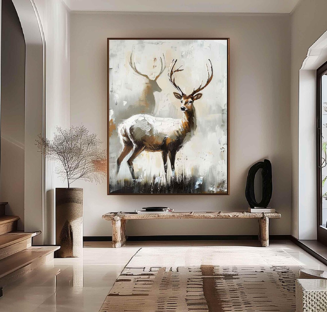 Majestic Stag Deer Duo on Beige Textured Oil Painting Poster - Image 2