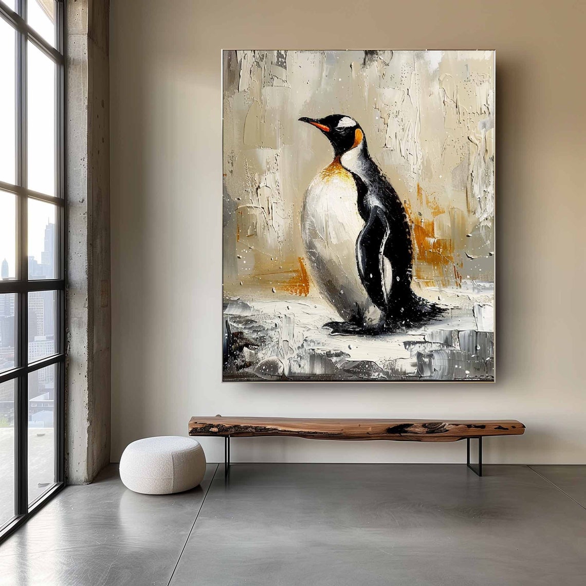 Regal King Penguin Portrait in Warm Beige Tones Oil Art Poster - Image 3