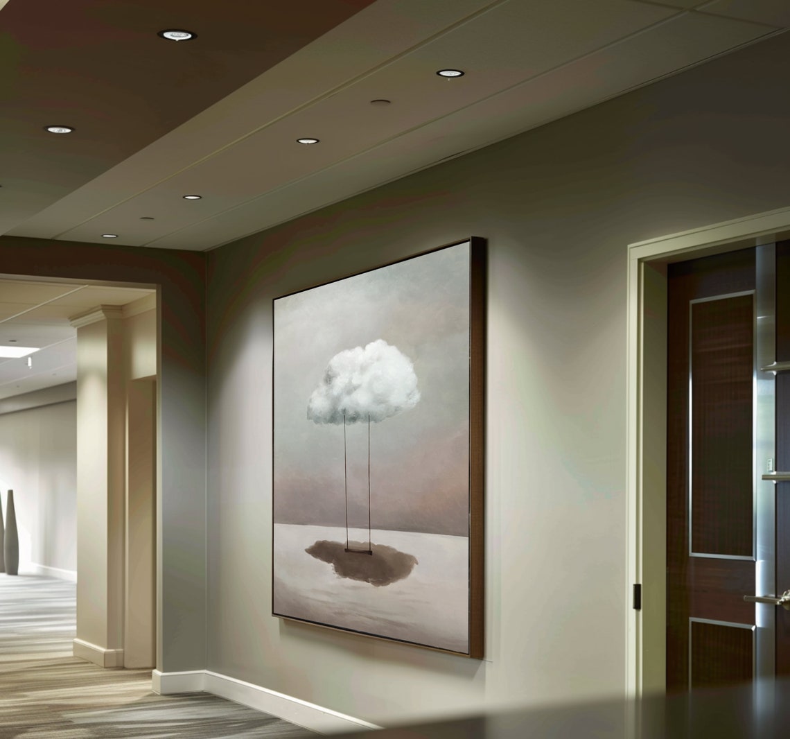 Dreamy White Cloud Swing Surreal Minimalist Corridor Art Poster - Image 3