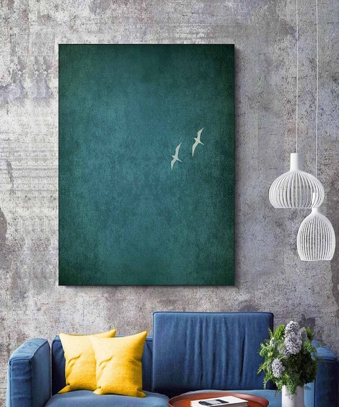 Dark Green Minimal Two White Birds Flight Serene Abstract Wall Art - Image 3
