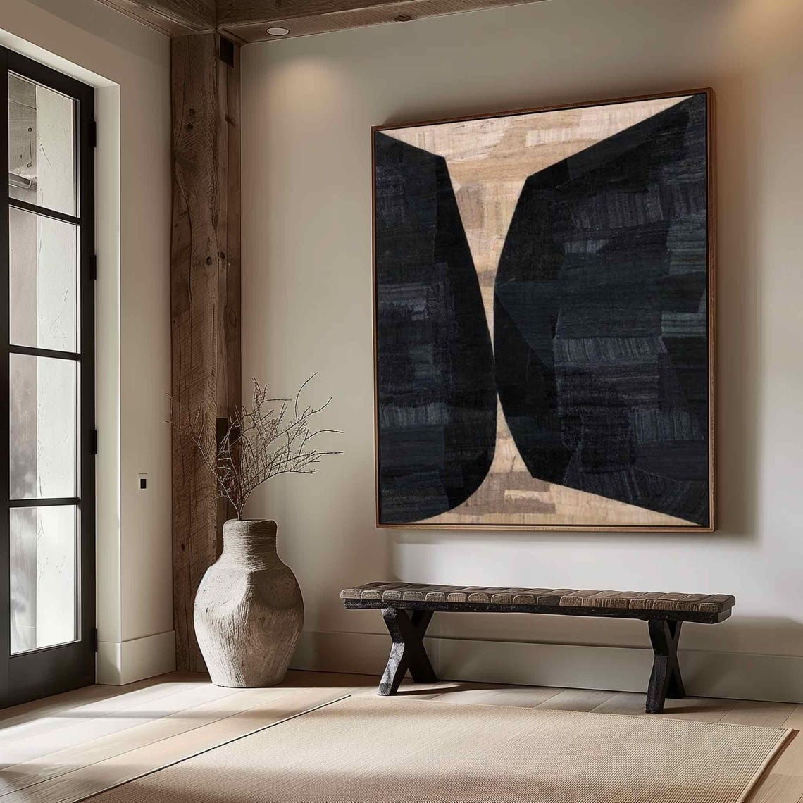 Black Beige Curved Twin Forms Textured Minimalist Abstract Art Print - Image 3