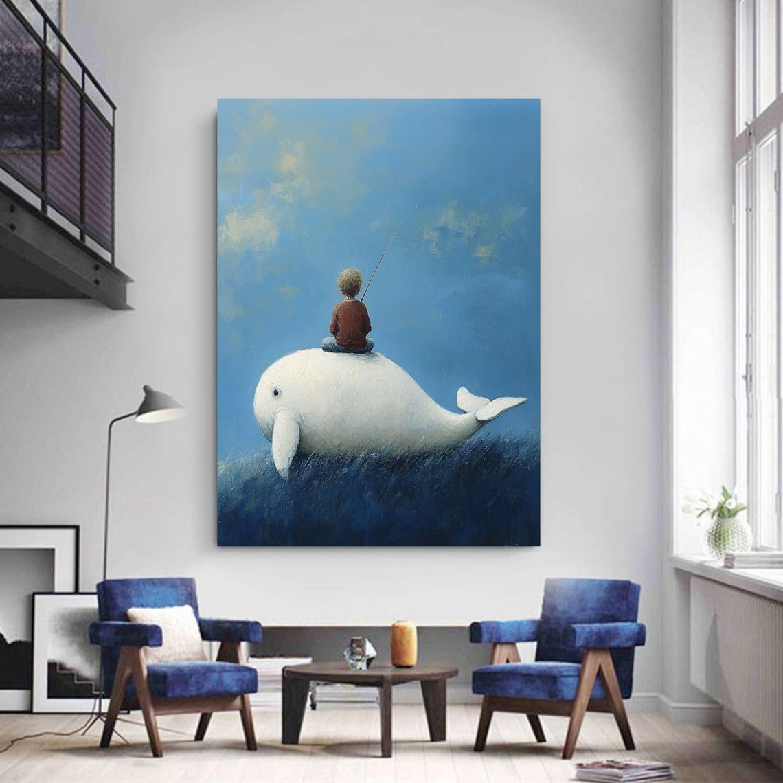 Boy Fishing on White Whale Surreal Ocean Dream Voyage Art Print - Image 2
