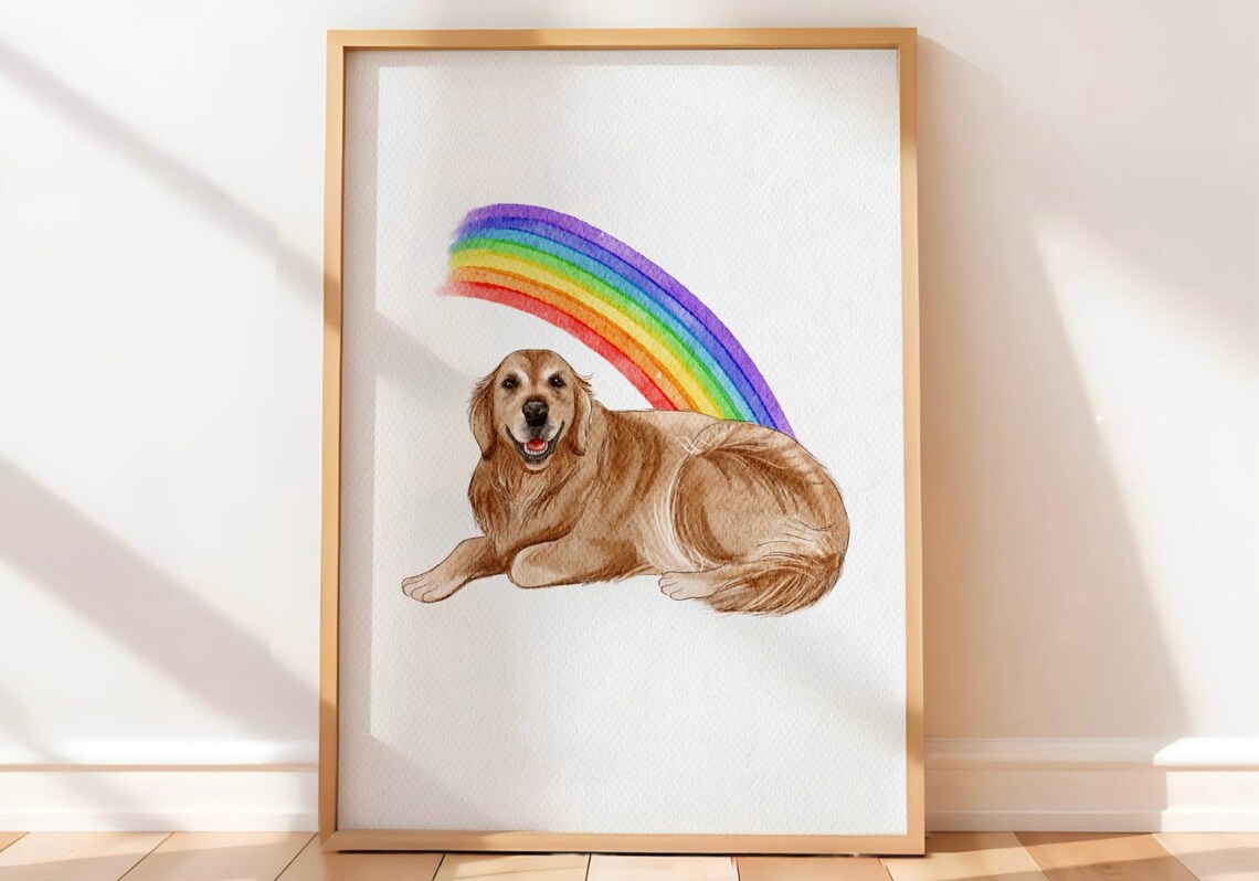 Golden Retriever with Rainbow Watercolor Happy Dog Rainbow Bridge Wall Art