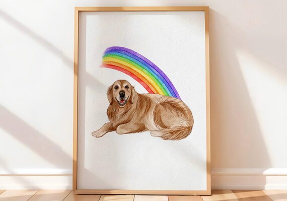 Golden Retriever with Rainbow Watercolor Happy Dog Rainbow Bridge Wall Art