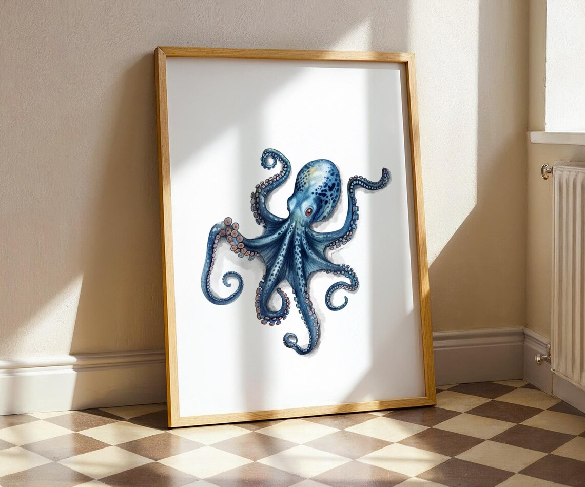 Octopus Print Wall Art For Restaurant Decorations Trendy Poster Watercolor Ocean Decoration - Image 4