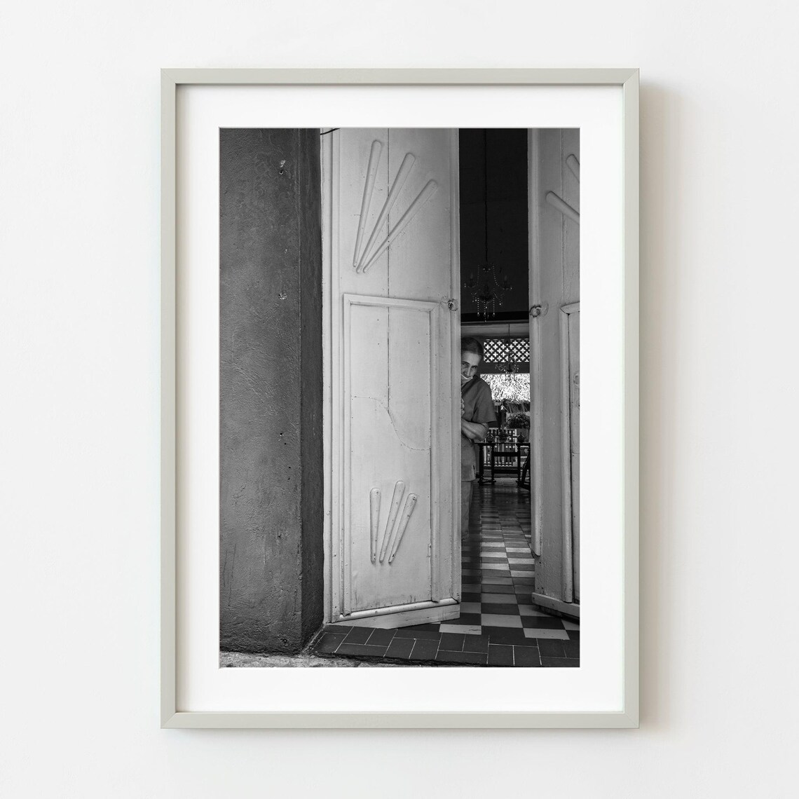 Woman Closing Door Black And White Street Photography Poster