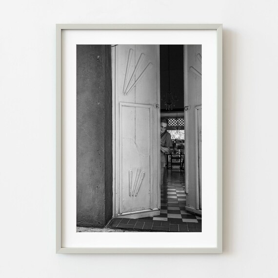 Woman Closing Door Black And White Street Photography Poster