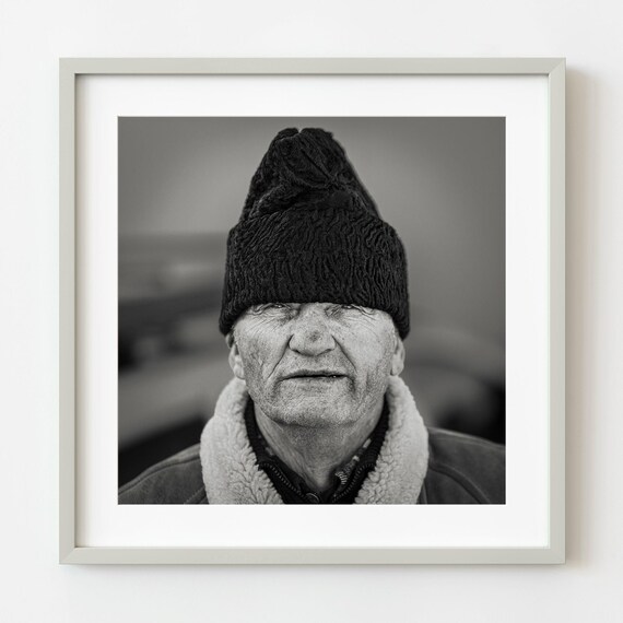 Elderly Man in Traditional Black Fur Hat Black White Portrait Poster