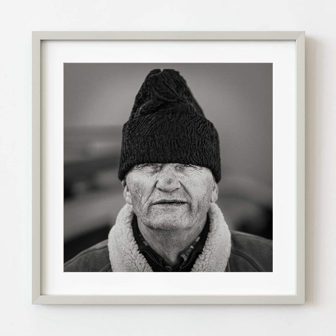 Elderly Man in Traditional Black Fur Hat Black White Portrait Poster