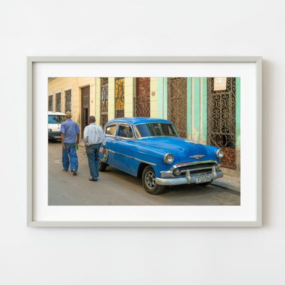 Men Walking By Classic Blue Car Havana Wall Art