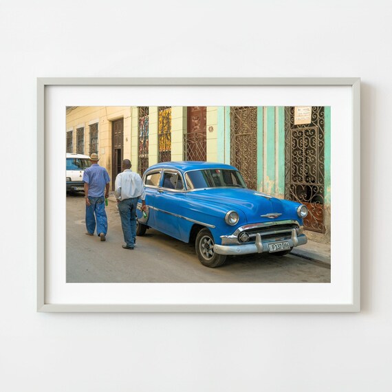 Vintage Blue Classic Car Havana Cuba Street Travel Photography Poster