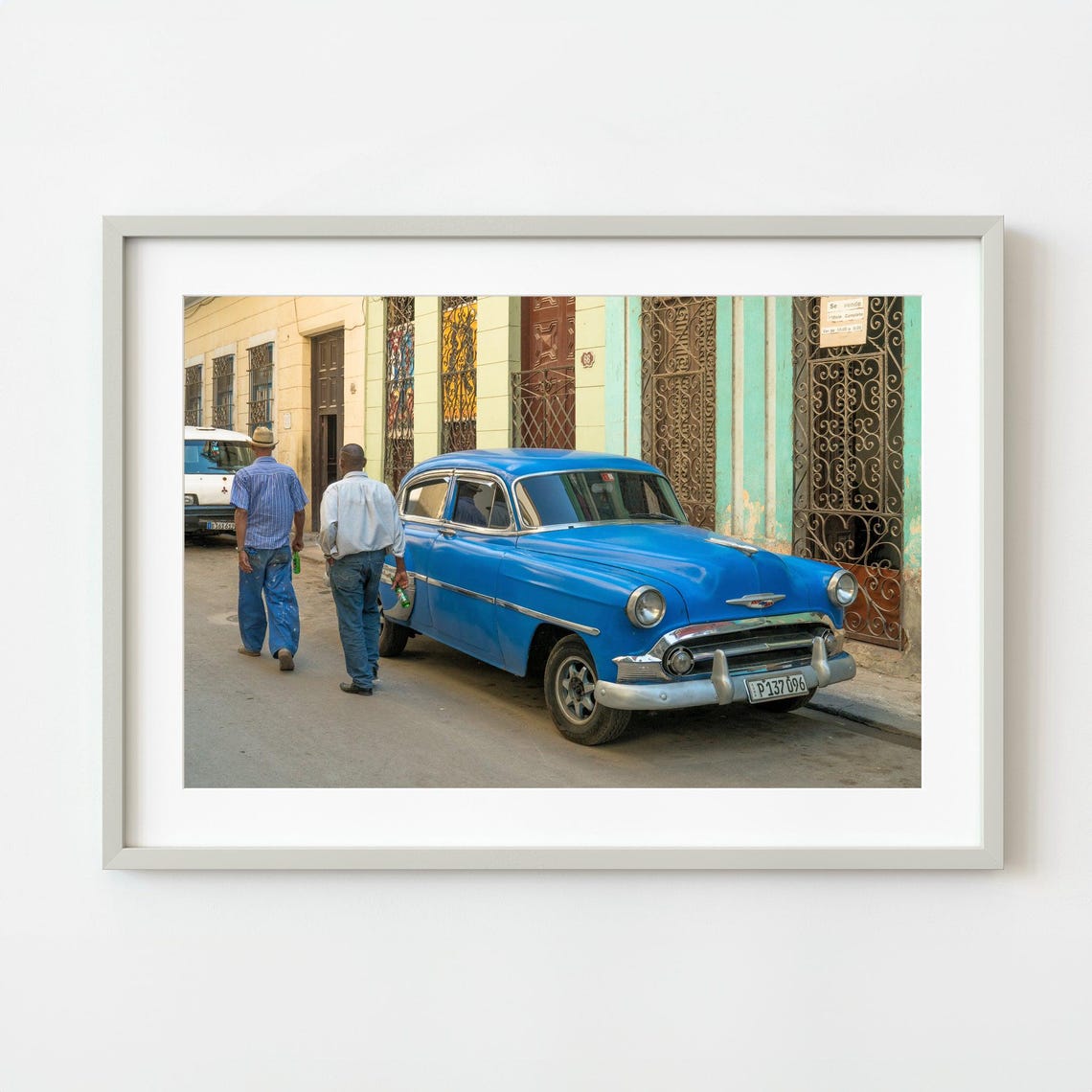Men Walking By Classic Blue Car Havana Wall Art