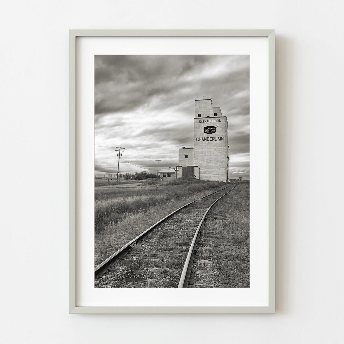 Chamberlain Saskatchewan Grain Elevator Black And White Railway Photo Poster