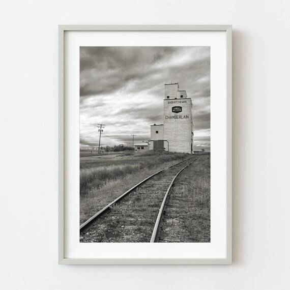 Chamberlain Saskatchewan Grain Elevator Black And White Railway Photo Poster