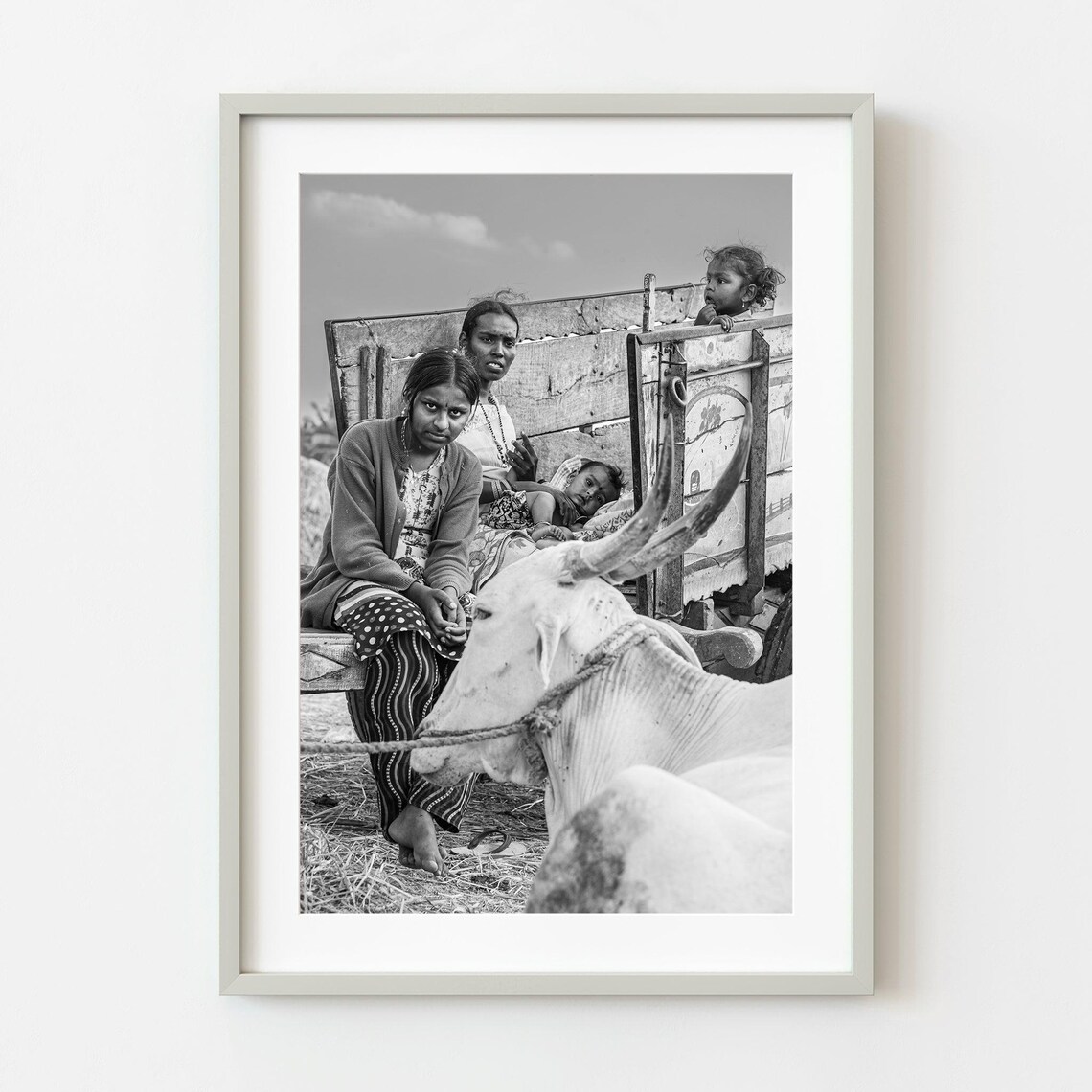 Indian Family Ox Cart Black and White Street Photography Poster
