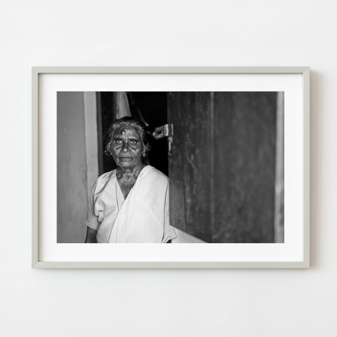 Elderly Indian Woman Doorway Black and White Photo Portrait Poster