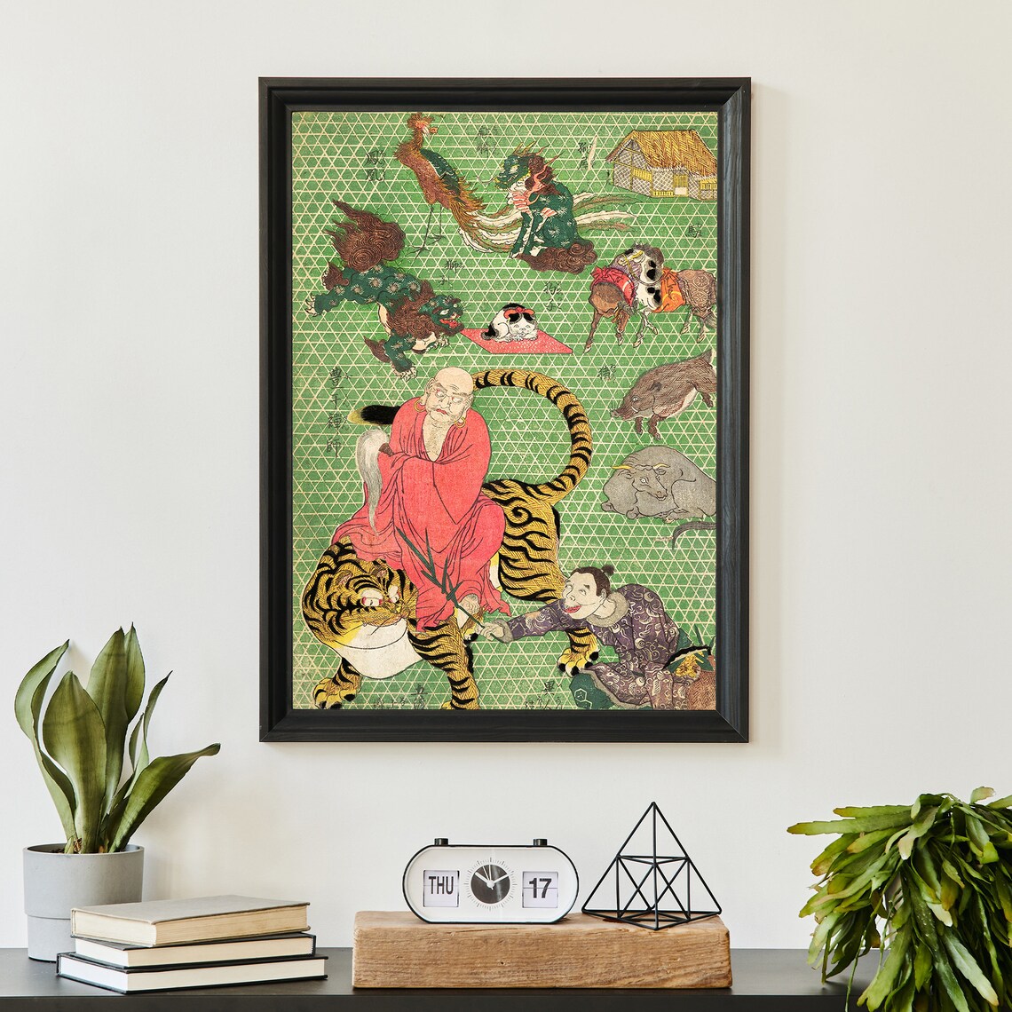 Japanese Daoist Immortal Riding Tiger Mythical Beasts Woodblock Poster - Image 2