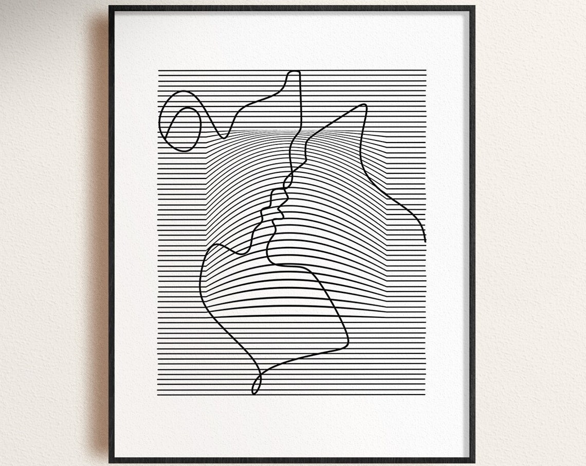 Couple Kissing Faces Optical Line Art Abstract Lovers Wall Poster