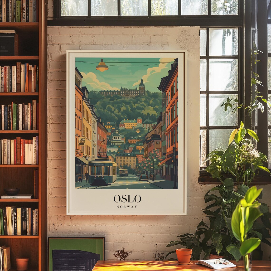 Oslo Street Tram Royal Palace Hill Vintage Norway City Travel Poster