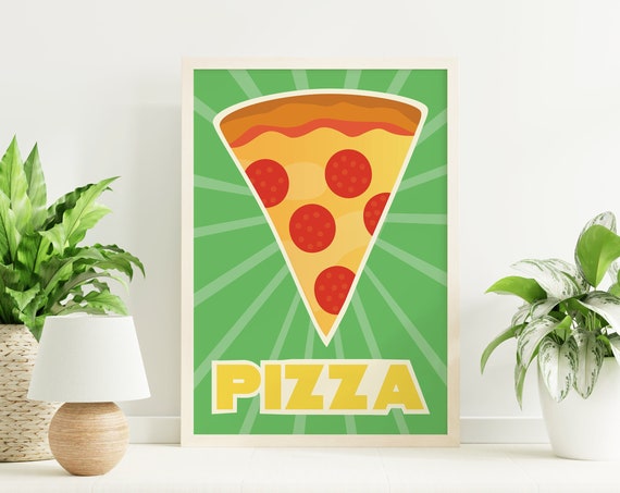Pizza Print Art Green Kitchen Decor Retro Pizza Poster Cute Food Kitchen Art