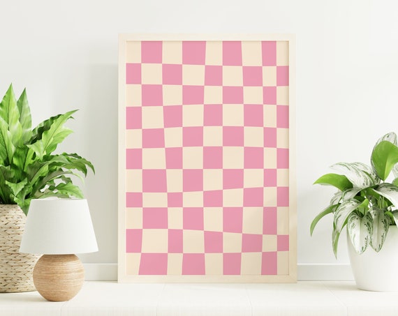 Pink And White Abstract Print Art Trendy Checkered Print 70s Retro Art Cute Trendy Wall Art