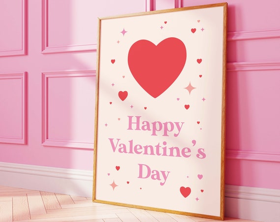 Happy Valentines Day Print Art Cute Heart Print Retro Valentines Wall Art Trendy Pink Art Print