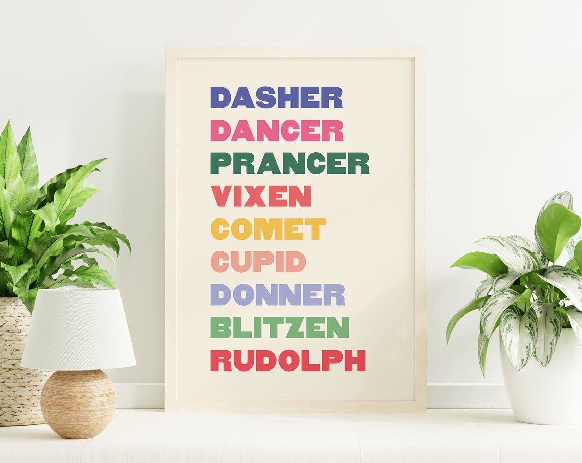 Colorful Reindeer Print Art Modern Christmas Decor Cute Rudolph Holiday Wall Art