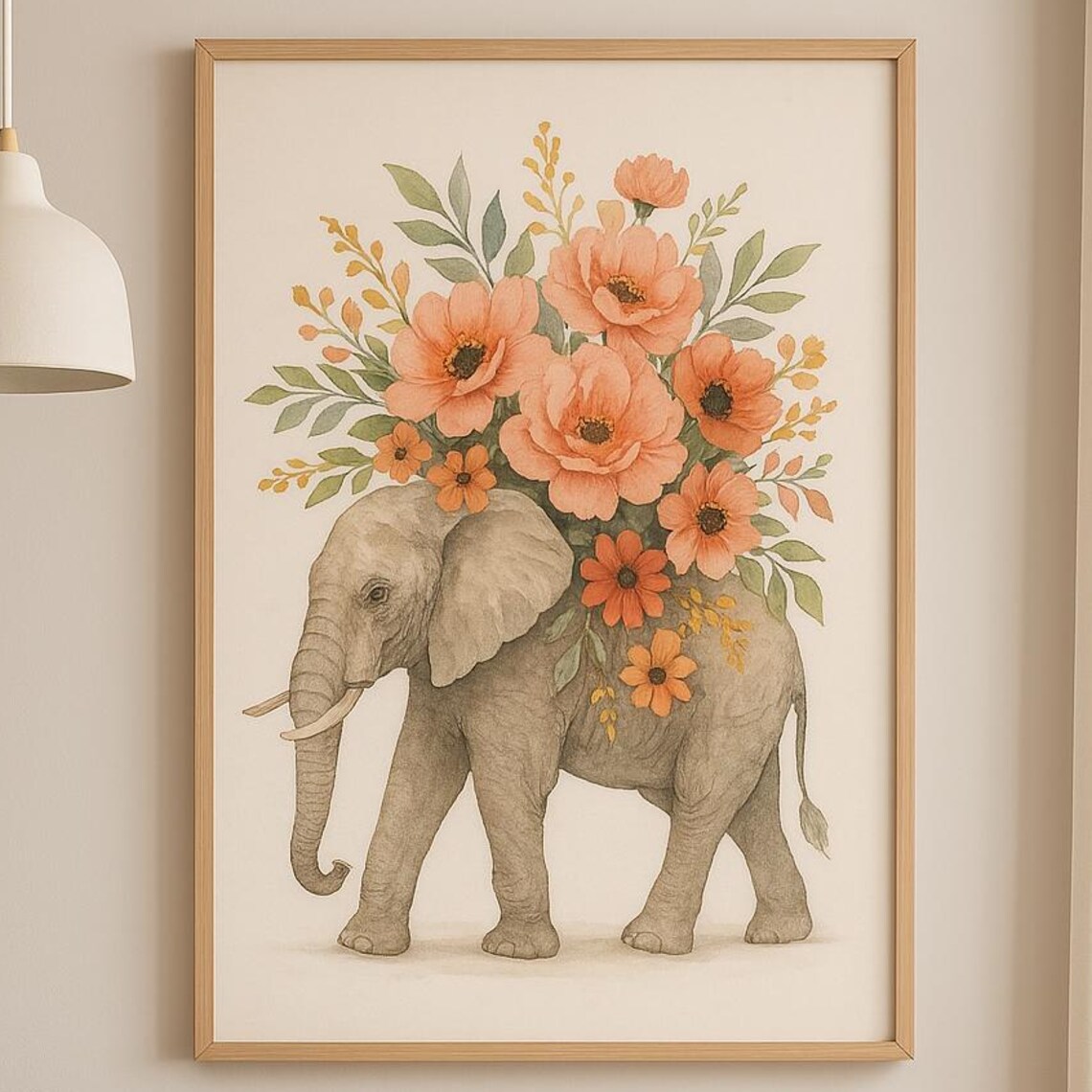 Baby Elephant with Flower Bouquet Watercolor Nursery Art Poster