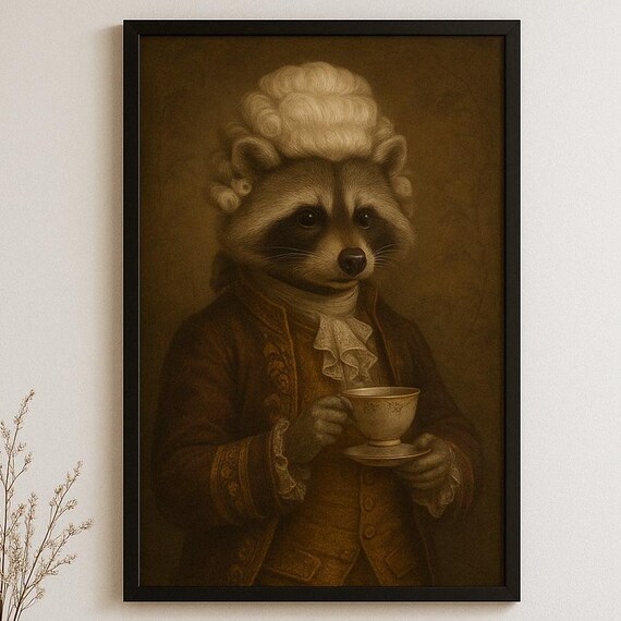 Regal Raccoon in 18th Century Aristocrat Costume With Teacup Poster