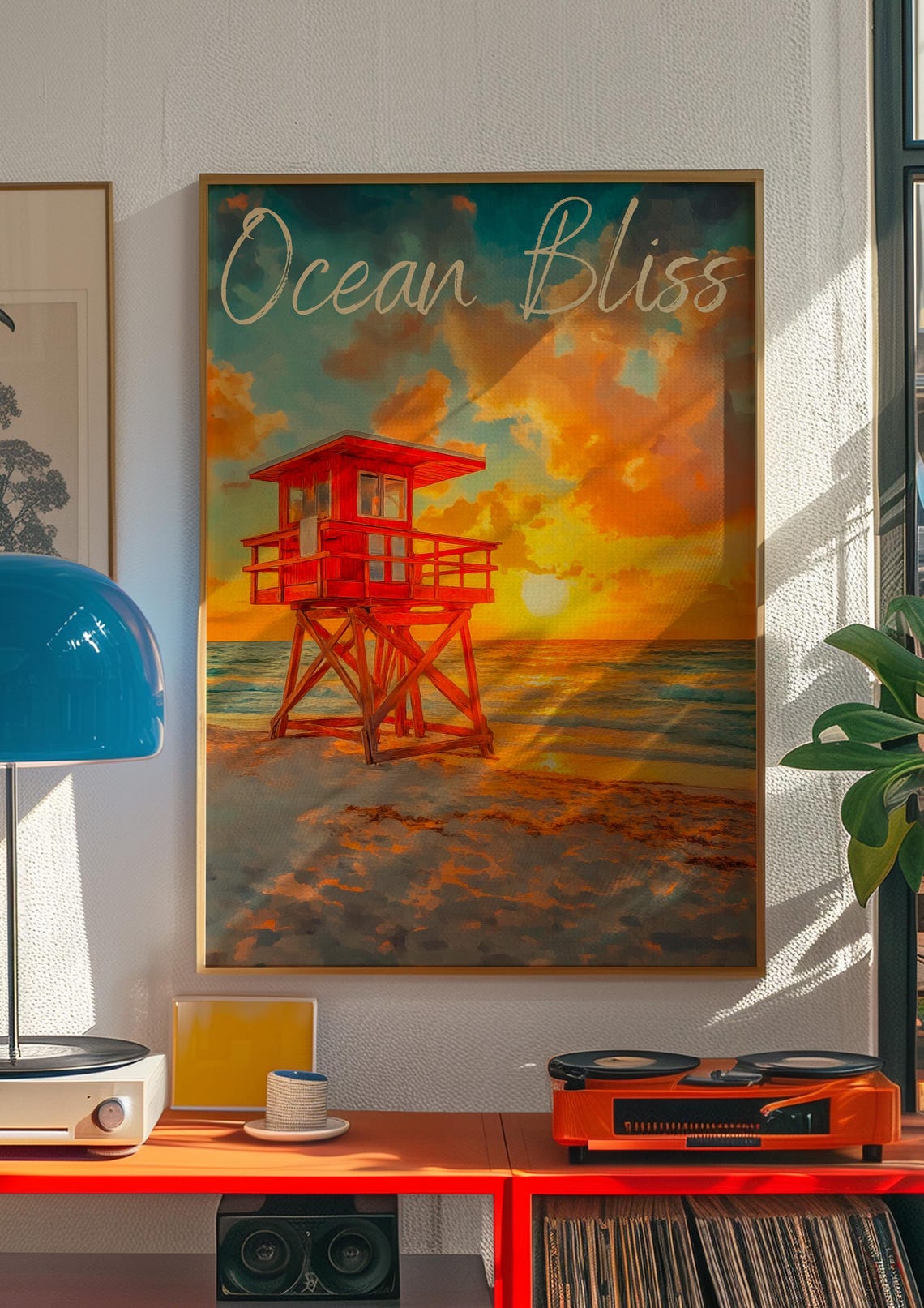 Ocean Bliss Sunset Beach Poster with Red Lifeguard Tower at Dusk - Image 2