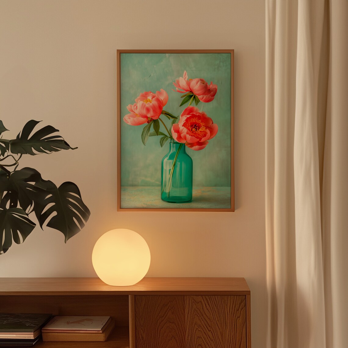 Soft Peony Still Life Poster with Pink Blooms in Teal Glass Vase - Image 2