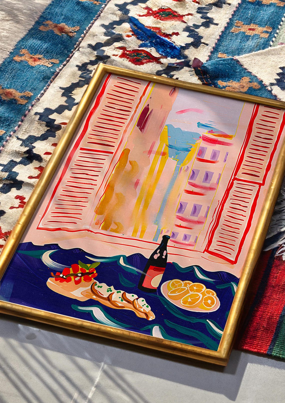 Red Shutters Window with Mediterranean Street Feast Scene Poster - Image 4