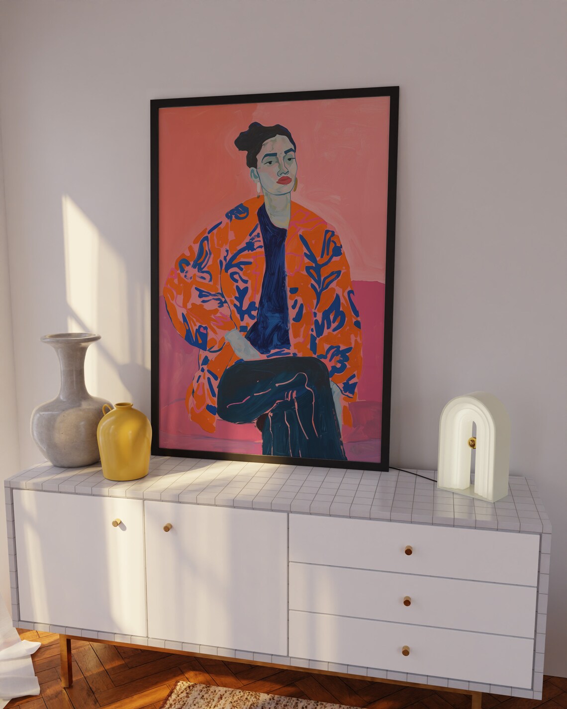 Colorful Painted Woman Portrait Poster in Orange Floral Kimono - Image 3