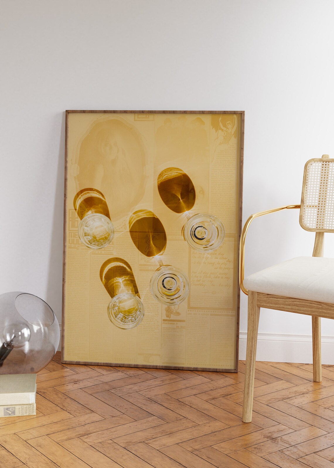 Warm Amber Wine Glass Shadows Over Vintage Newspaper Style Poster