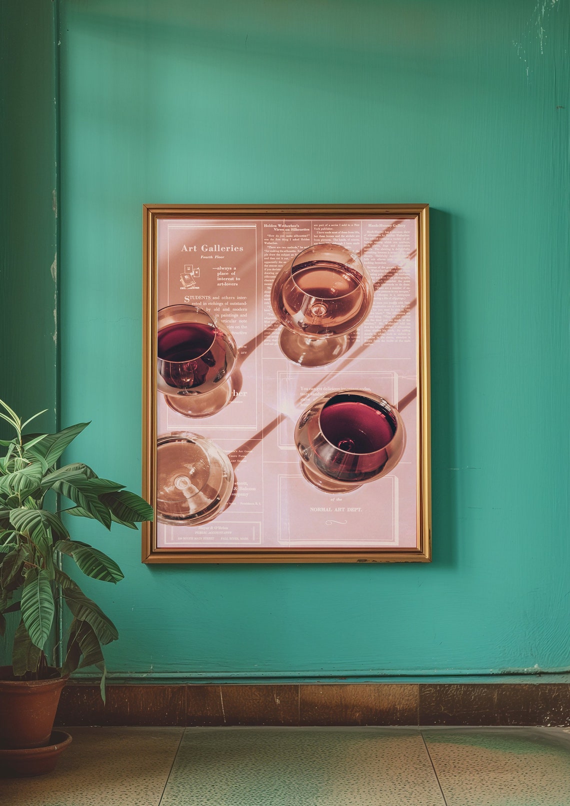 Pink Newspaper Collage with Floating Red Wine Glasses Poster - Image 3