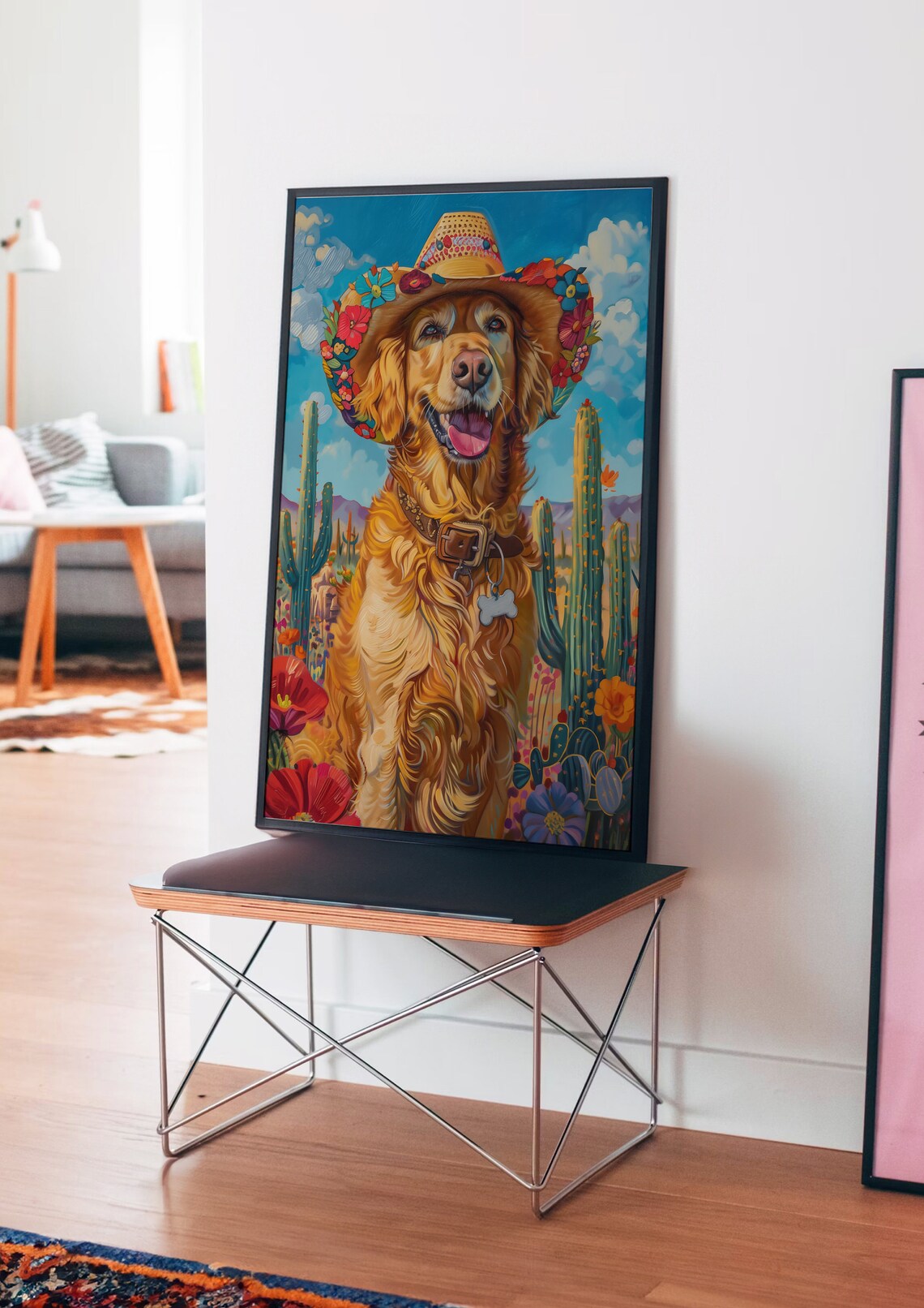 Golden Retriever in a Flower Sombrero Desert Cactus Scene Poster - Image 4