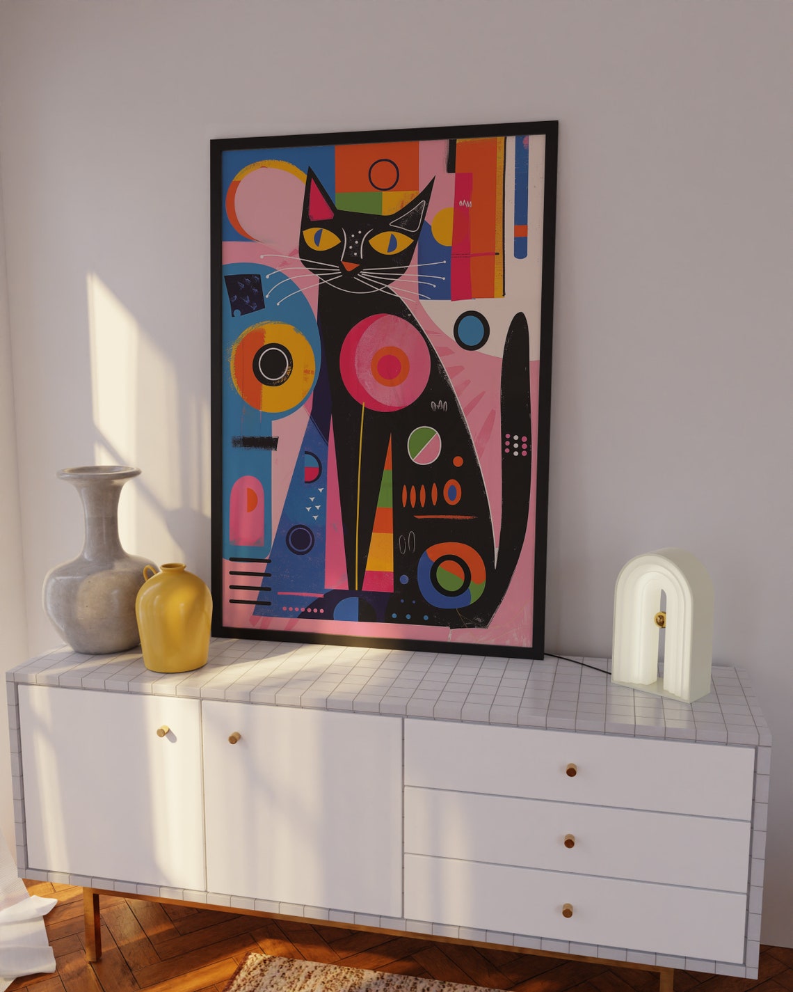 Playful Black Cat Geometric Poster with Colorful Abstract Shapes - Image 3