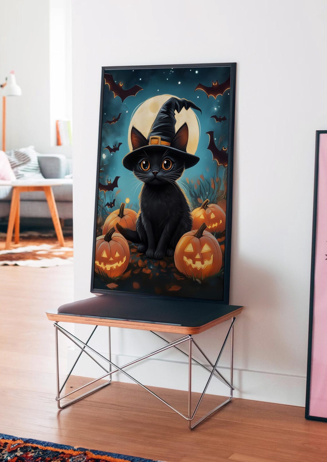 Black Cat Witch Hat Halloween Pumpkin Night Magical Moon Poster - Image 4