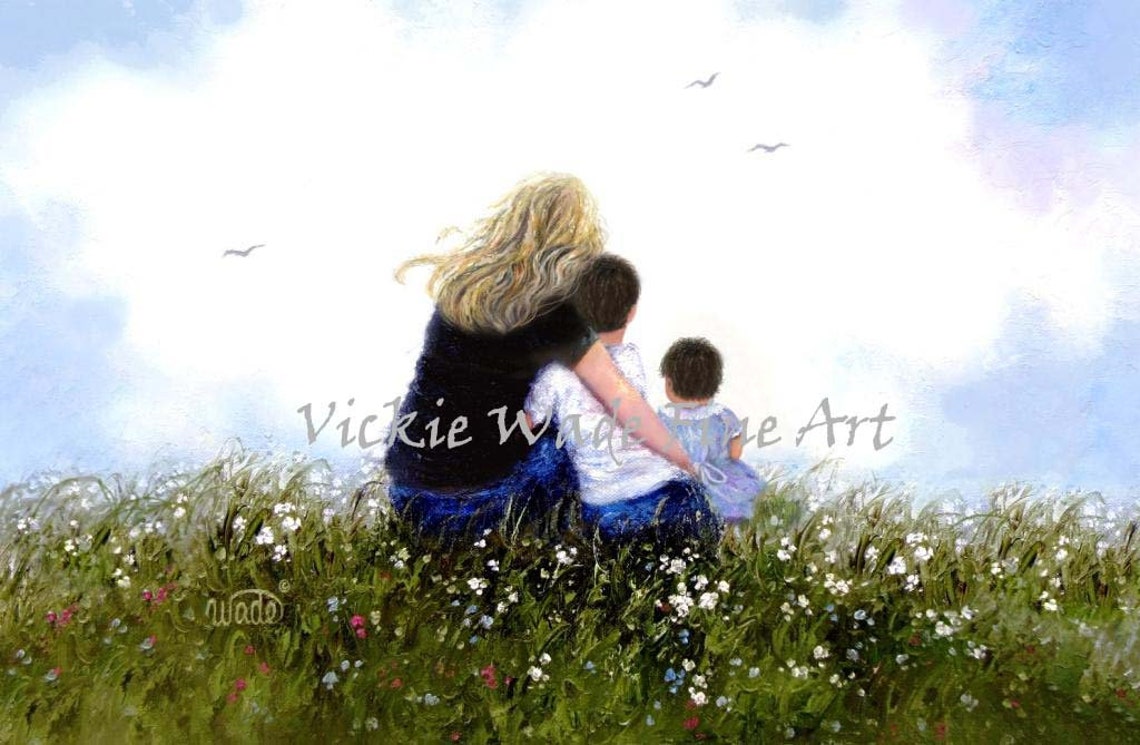 Mother Son And Daughter Art Print Mom Hugging Boy And Girl Brother And Baby Sister Grandma Two Grandkids Vickie Wade Art