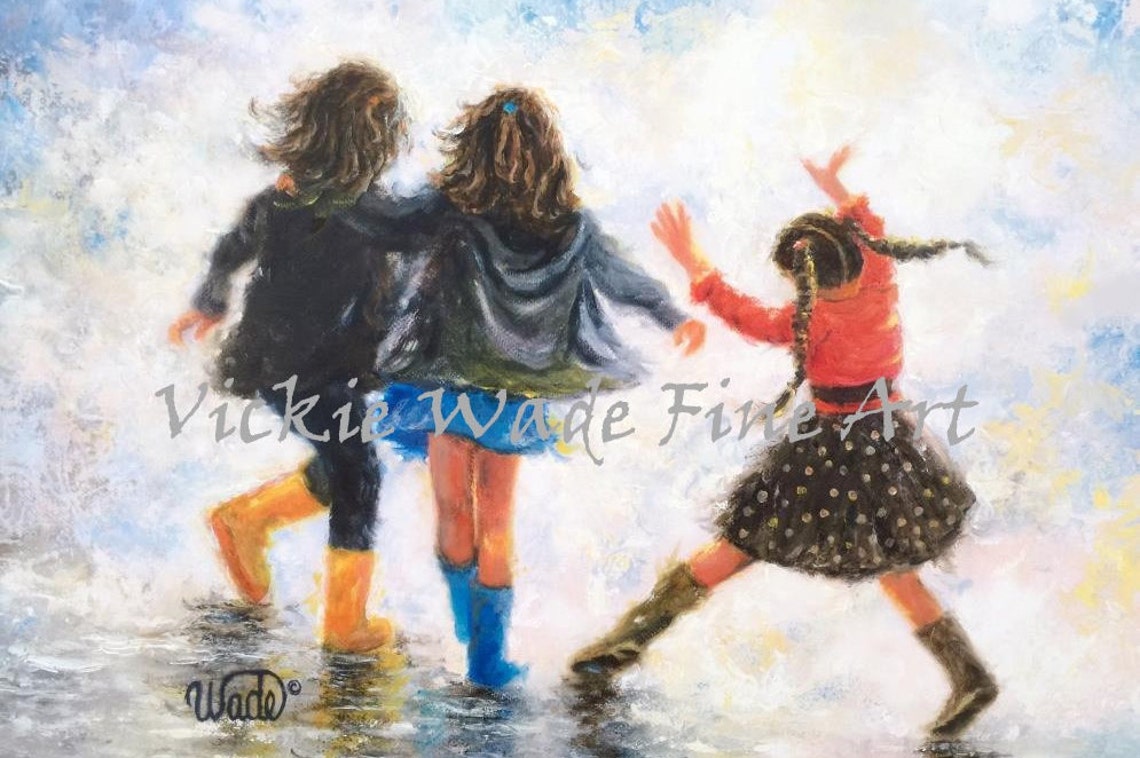 Three Sisters Splashing Through Ocean Waves in Rain Boots Poster