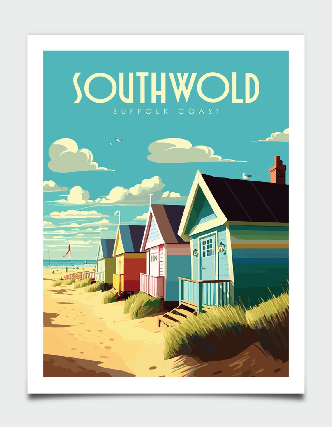 Southwold Suffolk Coast Colorful Beach Huts Retro Travel Poster - Image 4