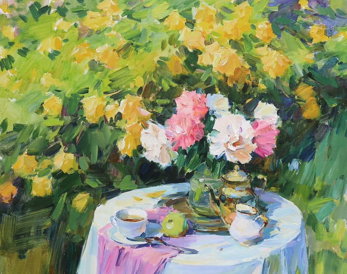 Peonies and Tea Roses, Impressionism Still Life Art Print - Image 3