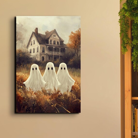 Three Cute Ghost Friends Old House Autumn Field Halloween Poster