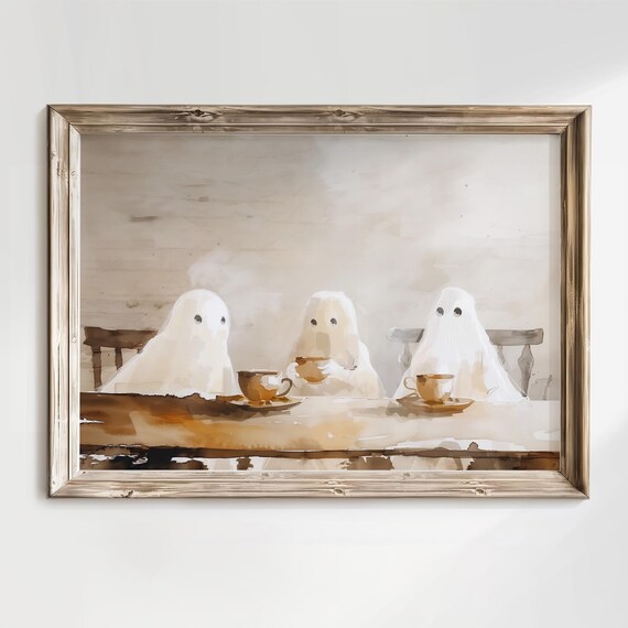 Ghost Tea Party Three Ghosts Drinking Tea Whimsical Halloween Art Print Cozy