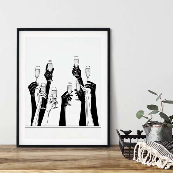 Cheers Toast Raised Champagne Glasses Minimalist Black and White Wall Art