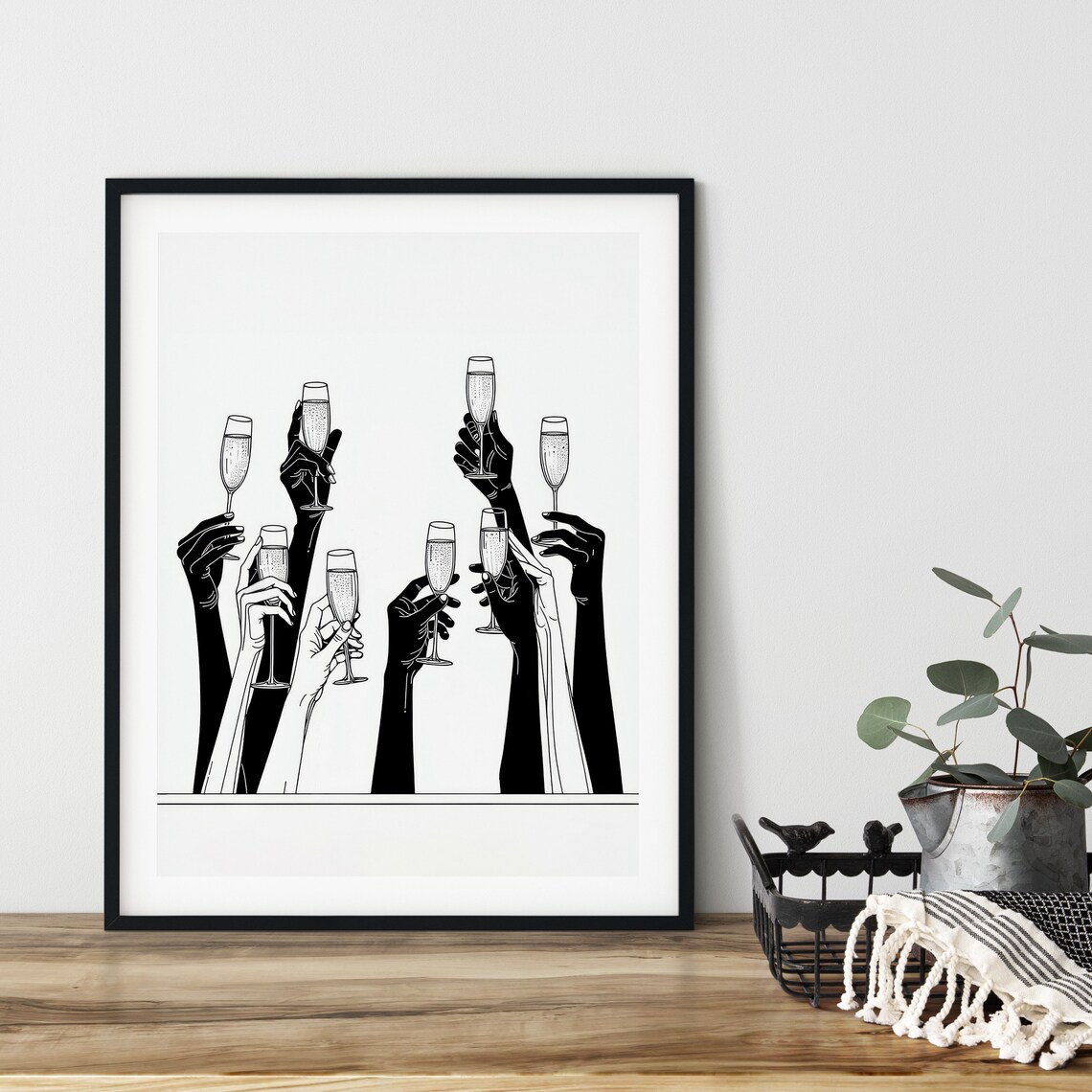 Cheers Toast Raised Champagne Glasses Minimalist Black and White Wall Art