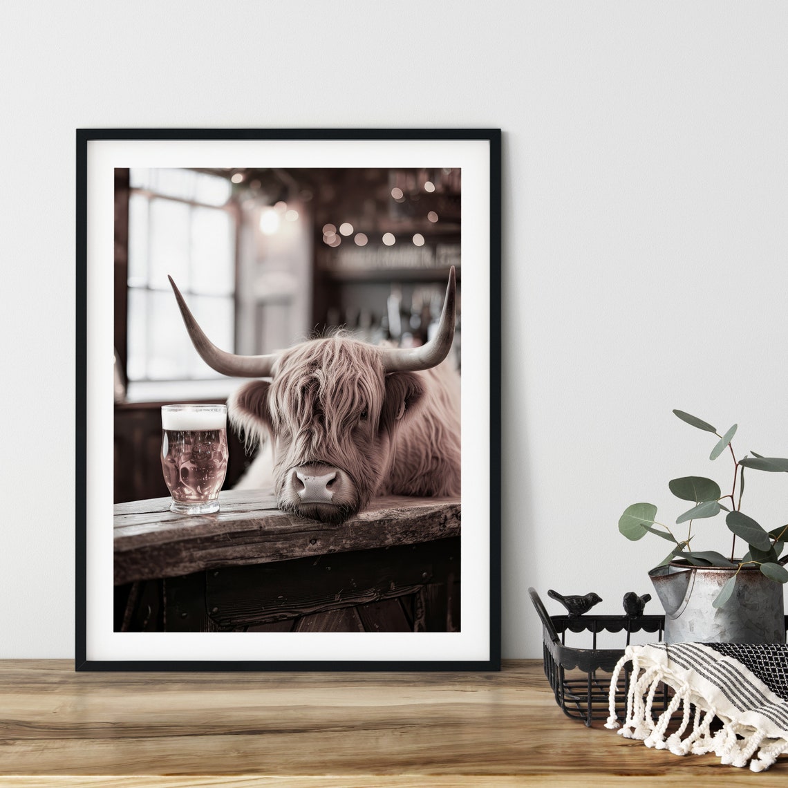Highland Cow Having A Beer At The Pub Funny Wall Art Poster Instant Ai Friends Pint Animals