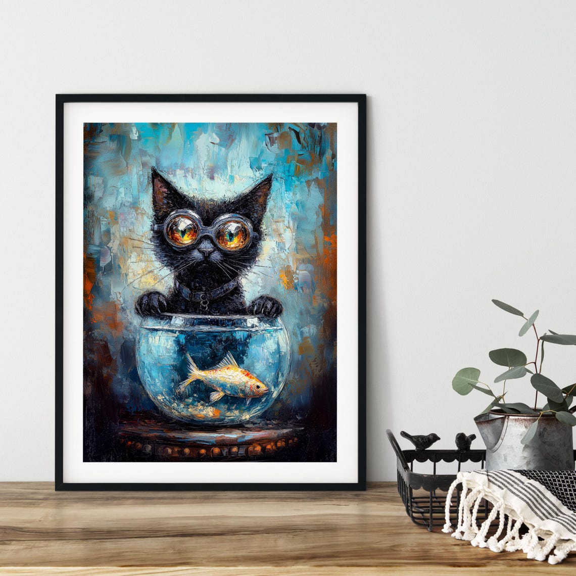 Black Cat Poster Swimming Goggles Fish Bowl Friendship Wall Art Various Sizes Instant Ai Painting