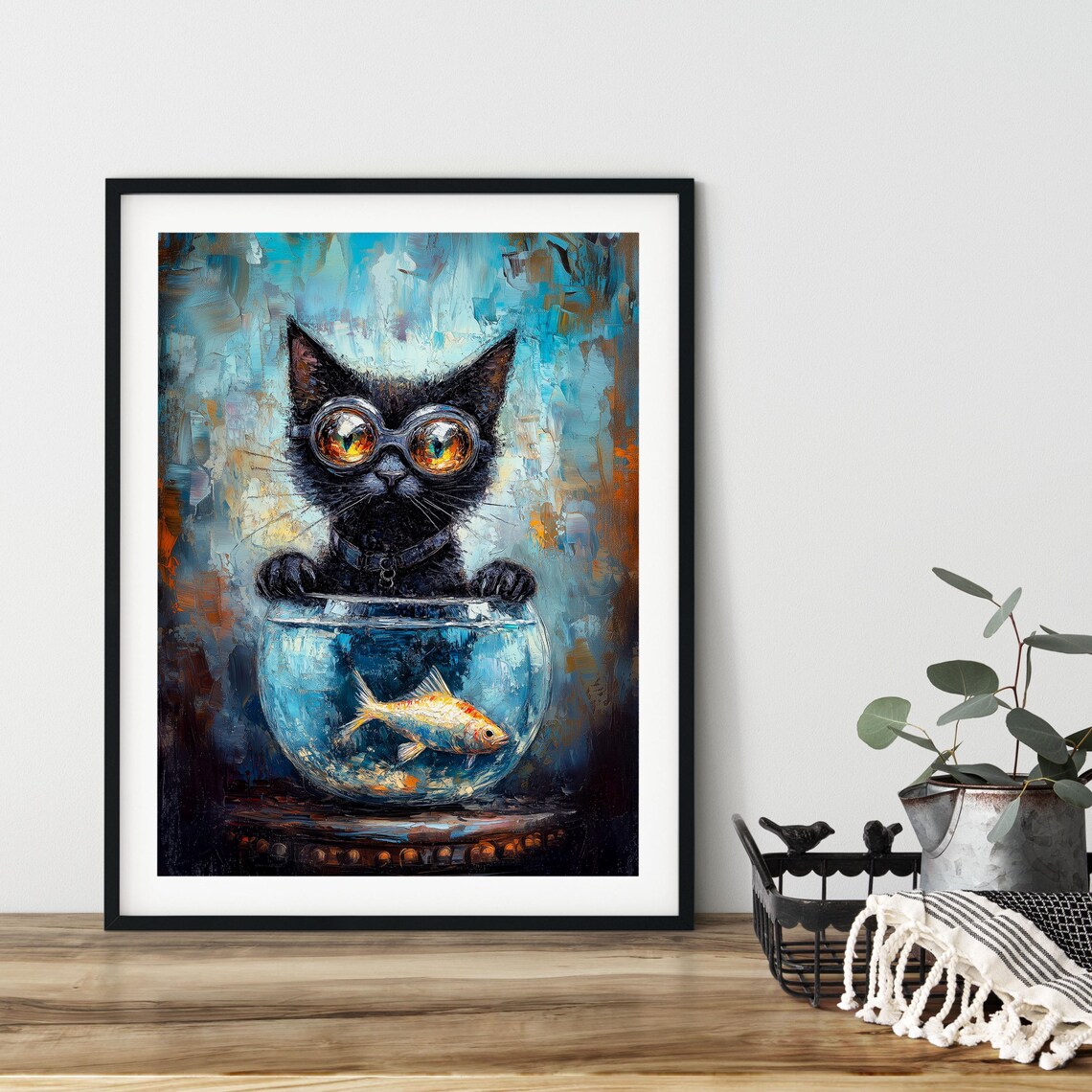 Black Cat With Goggles Watching Goldfish Bowl Funny Animal Art Poster