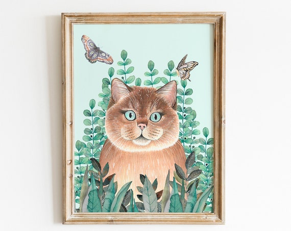 Cat Illustration Print, Whimsical Kitten Nursery Art